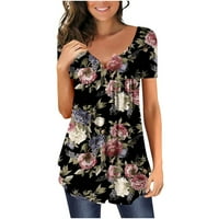 Bazyrey Womens Ljetni vrhovi cvjetni ispisani bluza ženski okrugli vrat casual kratkih rukava plus veličina Pleted tunika T-majice crne s
