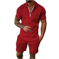 Daqianske košulje za muškarce Clearence Ležerne prilike Solid Clantdown Zip Pulover Sportski kratki rukav odijelo Muški setovi Summer Red 14