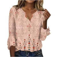 Brglopf vrhovi za žene Bell rukava V izrez Vintage Etničko cvjetni print Tes casual labavi bluze boho Henley majice