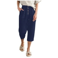 Ženska modna čvrsta boja Udobni povremeni džep pamuk i posteljina Capris Navy XL