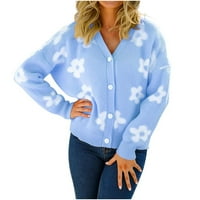 Odaeerbi džemperi za žene Cardigan Dukseteri Modni jesen pleteni cvjetni tisak s jednostrukom grudima plave boje