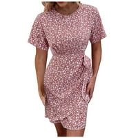 Ljetne haljine za prodaju za žene za žene kratki rukav čvrsta boja cvjetni uzorak Okrugli vrat Midi