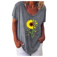 Ležerne majice za žene Trendi sivi poliesterski ženski povremeni V-izrez majica s kratkim rukavima suncokret