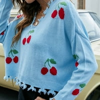 Ženske zbojene čišćenja pulover Dukseri Novi V-izrez Voće Print Pulover Loose kratki džemper Tassel
