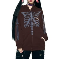 Ženske dukseve Duks kostur Print Rhinestone Gothic Zip Up kapuljač kapuljač kaput Halloween Streetwear