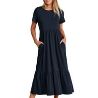 Ljetna casual maxi haljina za žene sa čvrstim okruglim vratom kratki rukav ležerne haljine za toplegene