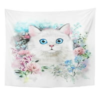 Plava slatka mačka cvijeća i prskanje bojom hipster zidne umjetnosti Viseći tapiserija Kućni dekor za