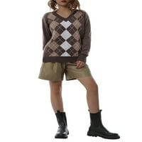 Ženski džemper bloka u boji, Argyle Print dugih rukava s dugim rukavima V-izrez