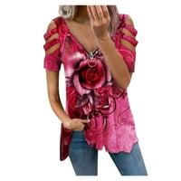 Ženska modna V-izrez Print kratkih rukava sa zatvaračem T-majice za bluze vruće ružičaste xxl