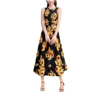 Tking Fashion Ženske haljine casual haljina okrugla vrat cvjetni ispisani remen dugih rukava bez rukava