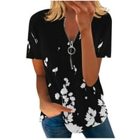 AMLBB Bluze za žene modni kratki rukav slobodno udobne V-izrezom Zip Print Top bluza Ležerne ljetne