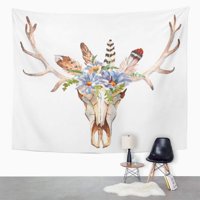 Glava akvarelnog jelena s cvijećem i perjama na bijelom boho stilu lubanje zidne umjetnosti vješanje