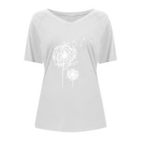Qcmgmg majice kratkih rukava za žene Ležerne prilike sa slobodnim vrhovima V izrez ljetni maslačak za