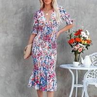Ženska haljina dužine čaja Prodaja cvjetni print Trendy za odmor pola rukava jesenske haljine V izrez zimski ruffle hem elegantno plavo l