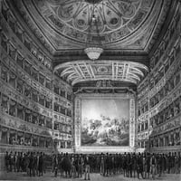 Venecija: Teatro La Fenice. Ninterior iz Teatro La Fenice u Veneciji, Italija. Graviranje linije, 1837.