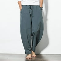 Daqian Hlače za žene plus veličine muške casual modne labave pamučne posteljine čistog džepa u boji