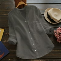 Bluze za žene Fit ženska pamučna posteljina casual čvrsta duga ruka majica bluza za bluzu prema dolje donjim damama gornje sive l