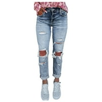 Ženske hlače Široka klirens na nogu Žene Trendi čvrsti pokutici Slim-Fit Skinny Denim Ripped Jeans Casual