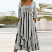 Finelylove casual maxi haljina elegantna haljina za žene a-line dugi dugi rukav čvrsti sivi s
