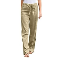 Posteljine hlače za žene High Squik široka noga Pantne casual pamučne posteljine elastične kravate Comfort
