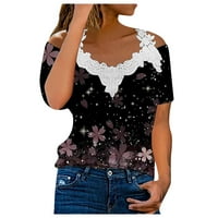 Ženski vrhovi Ljetni casual s kratkih rukava V-izrez labav cvjetna bluza T-majice crna l