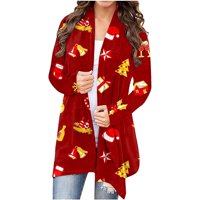 Symoidni ženski kaputi - modni božićni ispisani kardan sa dugim rukavima, bluza od dugih rukava crveni