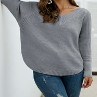 Ženski pleteni džemper pulover Jumper vrhovi duksera dugih rukava TOP V-izrez Džemeter Sivi m