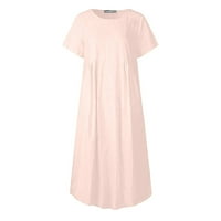 CETHRIO ženska haljina - modni čvrsti kratki rukav džep za okrugli vrat retro duga haljina ružičasta