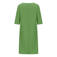 Haljine za ženska pamučna posteljina haljina V-izrez Čvrsti džep srednje rukave haljine za zabavu zelena