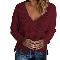 Symoid Womens Dukseteri- Ležerni seksi modni čvrsti dugi rukav V-izrez ruched pulover bluza vrhovi vino