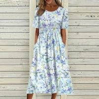 Clearsance Ljetne haljine za žene kratki rukav A-line Dužina gležnja Boho tiskana okrugla Dress Dress Dress Light Blue M