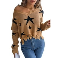 Ženski pleteni džemper s džemper V izrez Star Baggy zimski pulover dugih rukava Khaki M