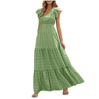 Dame V-izrez Haljina kratkih rukava High Squik tiskani za odmor duga suknja uboda cvjetna haljina zelena