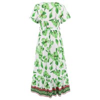 Žene Ljetne haljine Casual Beach V izrez Puff kratki rukav Smanjen Boho cvjetni dugi maxi haljina zelena