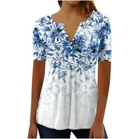 Ženske vrhove bluza casual kratkih rukava čvrste žene T-majice Henley ljeto plava 5xl
