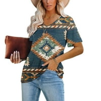 Zapadne majice za žene Vintage Aztec Ispis kratkih rukava Csaueve V izrez Geometrijski uzorak T-majice Labava bluza s tamkama za tajice Navy S