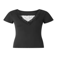 Douhoow Women Crne majice V izrez Tees kratki rukav čipkasti patchwork Slim Fit vrhovi