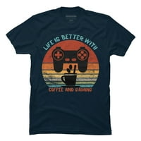 Život je bolji s kafom i igranjem Vintage poklon muški mornarički plavi grafički tee - dizajn od strane ljudi 2xl