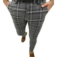 Haljine hlače za muškarce Slim Fit Plaid uzorak elastični struk patentni zatvarač dugme ravne pantalone ležerne prilike prozračne dnevne udobne olovke tamno sivo xl