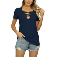 Žene ljetne kratkih rukava majica Ležerne prilike Criss Cross V izrez Solid Color Tunic bluza Moda Slim