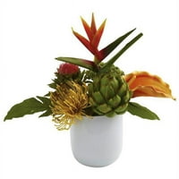 Tropski cvjetni aranžman sa bijelim staklenim vazom