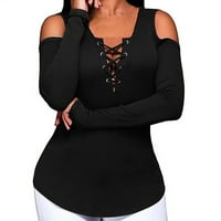 Maytalsoy Women majica hladnog ramena s dugim rukavima V izrez Top Black 3xl