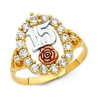 Jewels 14k Bijelo i žuto zlato Dva tona kubična cirkonija CZ Petnaest godina Birthday Quincea-Era Veličina prstena 9.5