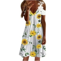 Plus veličina hladne haljine za žene Ležerne prilike V-izrez čipka za mršavljenje navlačim tiskane kratke rukave haljina žuta