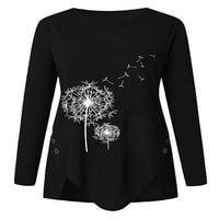 Lumento ženska majica dugih rukava TEE CREW Crt majica labav pulover Dandelion Print Tunic Bluza Crna