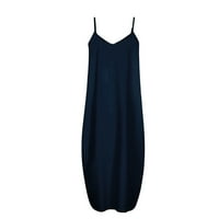 Plus size Maxi haljine za žene ljetoviti bez rukava Ležerne prilike V rect Solid Color Print Rezervoar Trendy Long Beach Sunderss sa džepovima Mornarica M