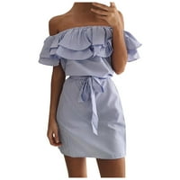 Clearsance Ljetne haljine za žene Čvrsta mini kratka rukava modna haljina s ramena Plava L