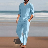CLLIOS MAN pamučni posteljina set Henleyji košulja i casual na plaži Hlače Ljeto joga odijelo Ležerne