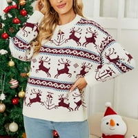 Zimski ušteda džemperi za žene čišćenje Žene okrugli vrat Božićni ispis Rekreativni pulover Pleteni džemper dugi rukavi Bež