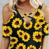 Gotyou Proljetni vrhovi modni ženski povremeni suncokret tiskani šuplji kaiševi kratki rukav, žuti xxl